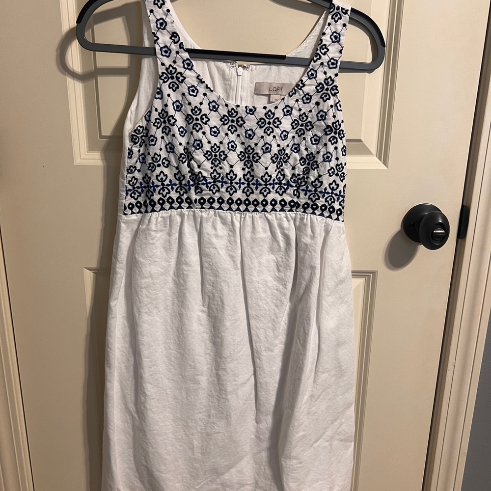 Loft White and Blue Embroidered Dress
